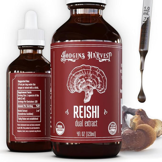 Hodgins Harvest Organic Reishi Mushroom Fruiting Body Extract Tincture - Extra Concentrated Dual Extract Supplement - Supports Heart Health & Wellness - USDA Organic Mushrooms - 4 oz
