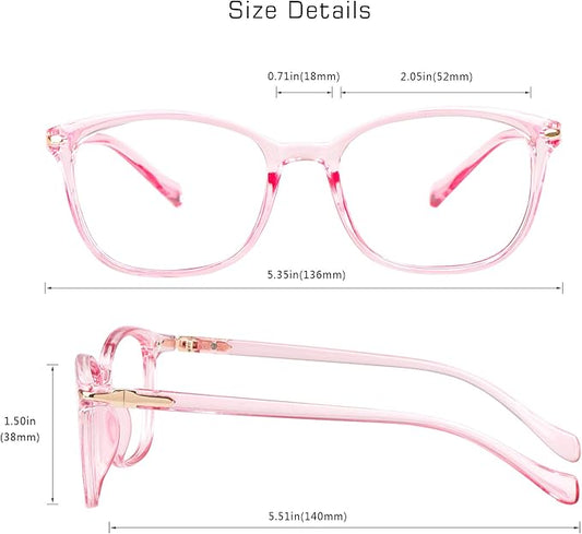 VisionGlobal Blue Light Blocking Glasses for Women, Anti Eyestrain, Computer Reading, TV Glasses, Stylish Square Frame, Anti Glare(Clear Pink,+5.00 Magnification)