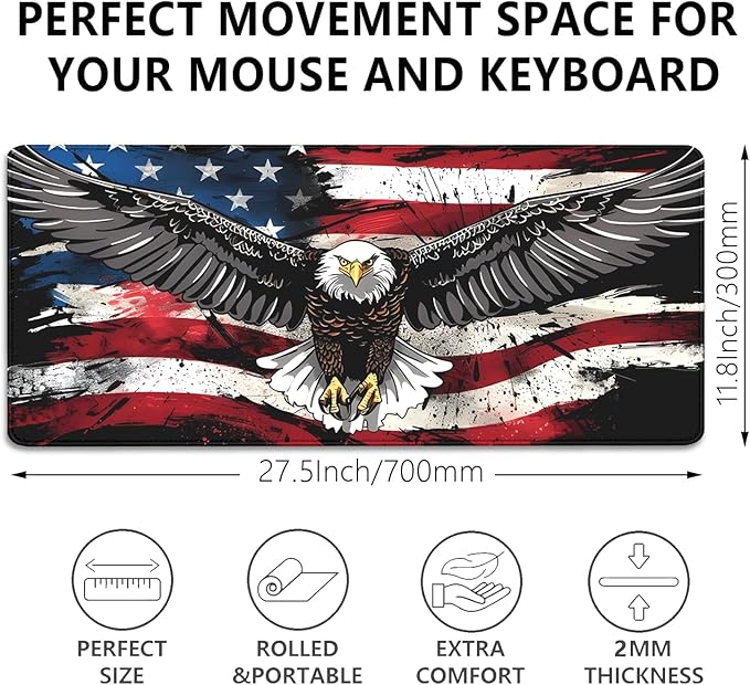 American Flag Mouse Pad,USA Bald Eagle Desk Pad,Large Extended Gaming Floral Mouse Mat with Stitched Edges,Non-Slip Rubber Base Mouspad for Office Work Home(27.5X11.8 in)
