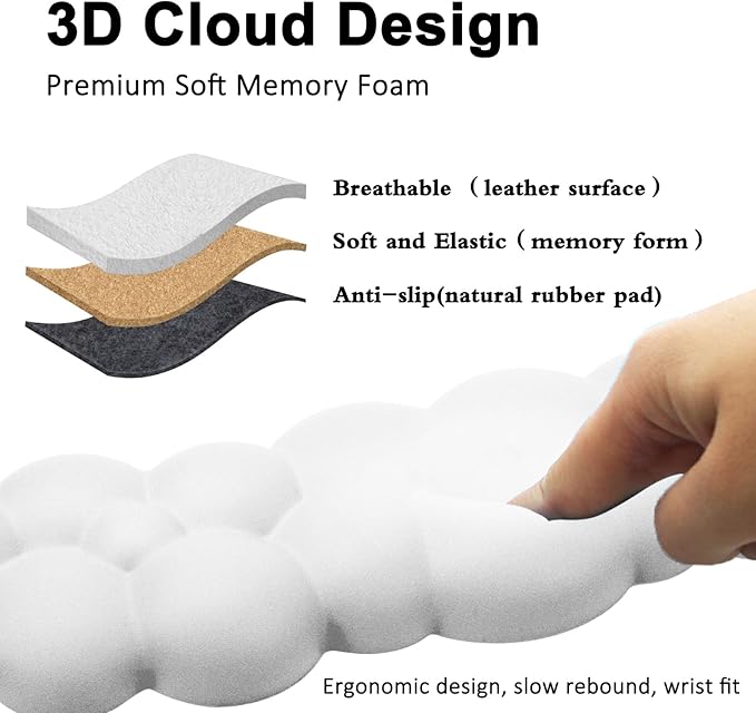 Cloud Keyboard and Mouse Wrist Rest Pad for Computer Arm Pain Relief- Ergonomic Wrist Support Mousepad with Non-Slip PU Base for Office, Gaming, and Home Use Anti-Fatigue(White)