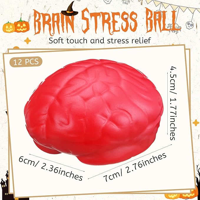 Leitee 12 Pcs Brain Stress Balls Bulk Large Halloween Brain Toys PU Hand Muscle Exercise Pressure Ball Funny Stress Relief Toy for Teens Adult Improving Grip Strength Prop(Red)