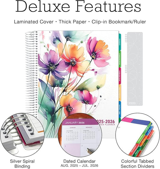 Aug 2025-Jul 2026 Deluxe Teacher Planner Notebook 8.5x11 Daily Weekly Monthly Organizers with 7 Periods, Pocket Folder, Dated Calendar, Page Tabs, Bookmark and Planning Stickers (Rainbow Floral)