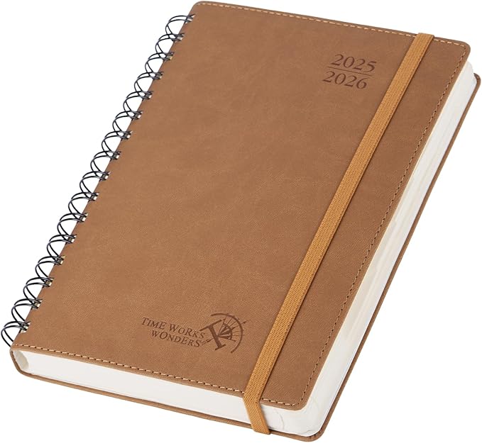POPRUN Daily Planner 2025-2026 One Page per Day (6'' x 8.5'') with Spiral Bound Leather Soft Cover, Academic Year Appointment Book (Jul.2025 - Jun.2026) with Hourly Slots, Inner Pocket- Brown