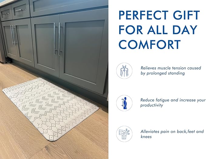 Klay Home kitchen mats for floor anti fatigue, 3/4" Thick 100%PU memory foam kitchen mat, padded kitchen mat, Cushion Kitchen Sink Rug Waterproof Non-slip Well-made - Large Runner 20" x 60", Grey Boho