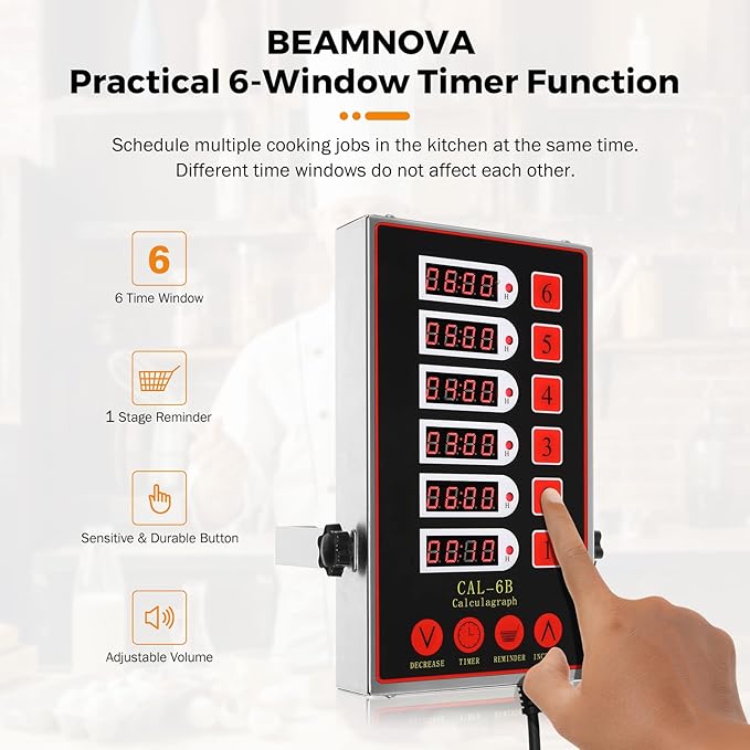 BEAMNOVA 6 Channel Digital Kitchen Timer Cooking Reminder Commercial Loud Ring Alarm Stainless Steel Adjustable Volume