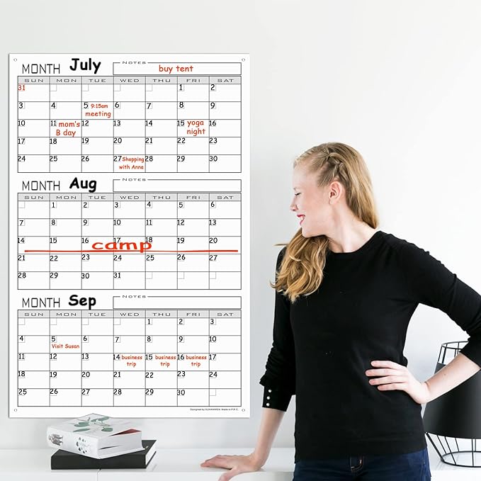 Large 3 Month Dry Erase Calendar For Wall,36x24 Inch Jumbo Undated Three Month Whiteboard Calendar For Medium Office,Giant Reusable Laminated 90 Days Vertical Wall Planner Poster For Home,School