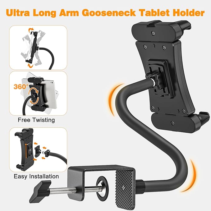 Tablet Stand Holder, Gooseneck iPad Desk Mount for Kitchen, Work Meetings, Video, Tablet Clamp Mount Compatible with iPad mini/Air/Pro, Kindle Fire HD, Galaxy Tabs and All 4.7-13.5" Tablets