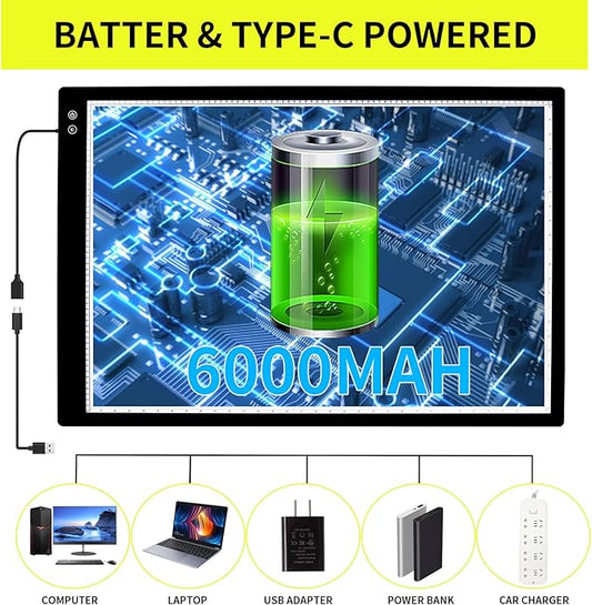 YINGWOND A1 Large Rechargeable Light Pad,Diamond Art Light Board with 3 Color Modes,6 Levels and Stepless Dimming,Battery Powered Light Box for Tracing,Diamond Painting,Drawing,Sketching