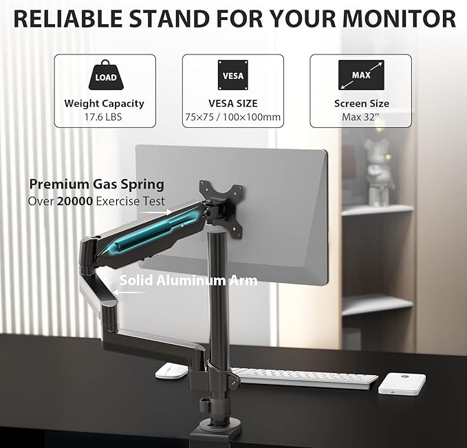 EUREKA ERGONOMIC Single Monitor Desk Mount, Adjustable Gas Spring Monitor Arm for LCD PC Screen 13-32 inch, Max 17.6 LBS, Computer Monitor Stand W C Clamp & Grommet Base, VESA 75x75mm,100x100mm, Black