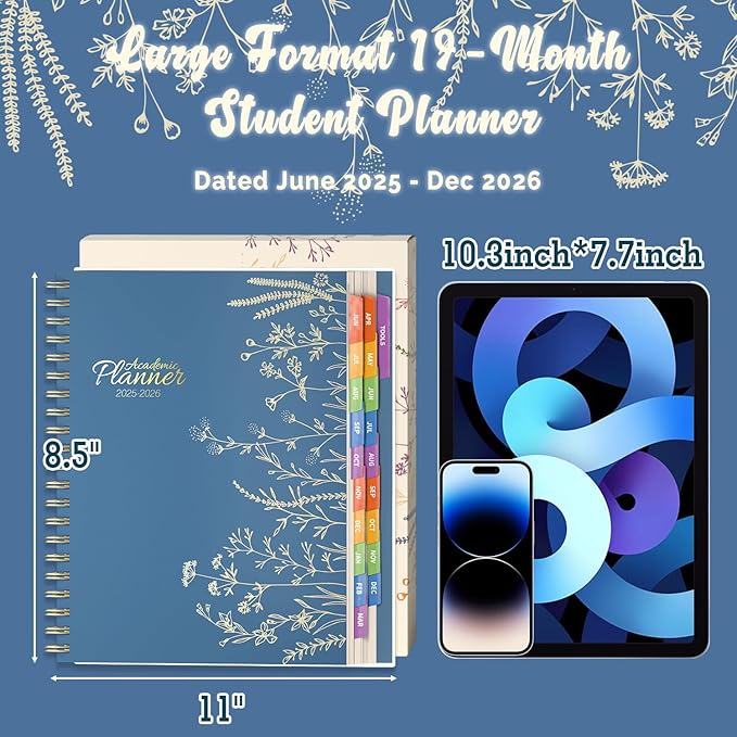 Jun 2025-Dec 2026 Academic Monthly Weekly Daily Planner for School, 19 Months Calendar 25-26 Planning Book with Colorful Tabs, 8.5" x 11" Mid Year College Organizer for Student Teacher (Blue)
