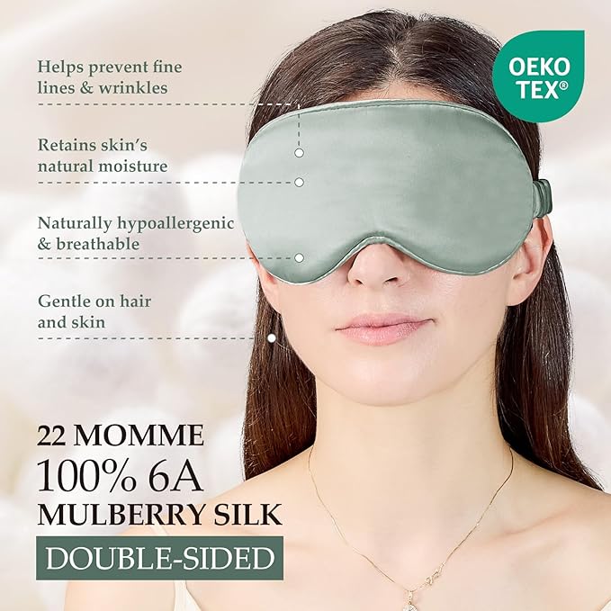 100% Mulberry Silk Sleep Mask for Unisex, 22 Momme 3D Silk Contoured Eye Mask, Breathable Light Blocking Blindfold with Adjustable Strap, Blackout Eye Cover for Travel, Grayish Green