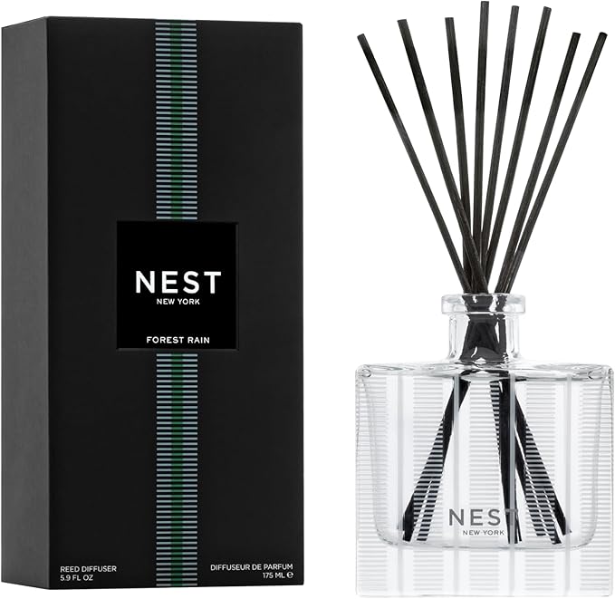 Nest New York Reed Diffuser, Forest Rain - 5.9 fl oz - Fragrance for Up to 90 Days - Reusable, Refillable Glass Holder - Includes 8 All-Natural Reed Sticks - Flame Free