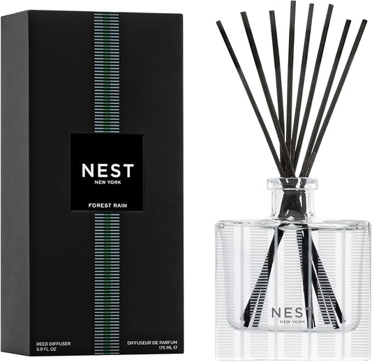 Nest New York Reed Diffuser, Forest Rain - 5.9 fl oz - Fragrance for Up to 90 Days - Reusable, Refillable Glass Holder - Includes 8 All-Natural Reed Sticks - Flame Free