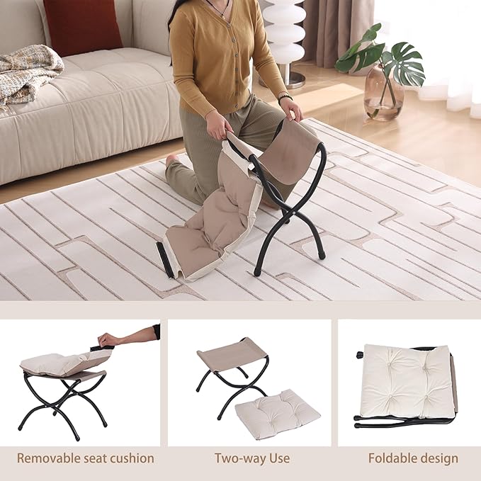 Welnow Folding Foot Stool, Upholstered Small Accent Ottoman with Detachable Thick Cotton Cushion Padded Sofa Stool and Metal Frame for Lazy Chair, Living Room, Bedroom, Beige