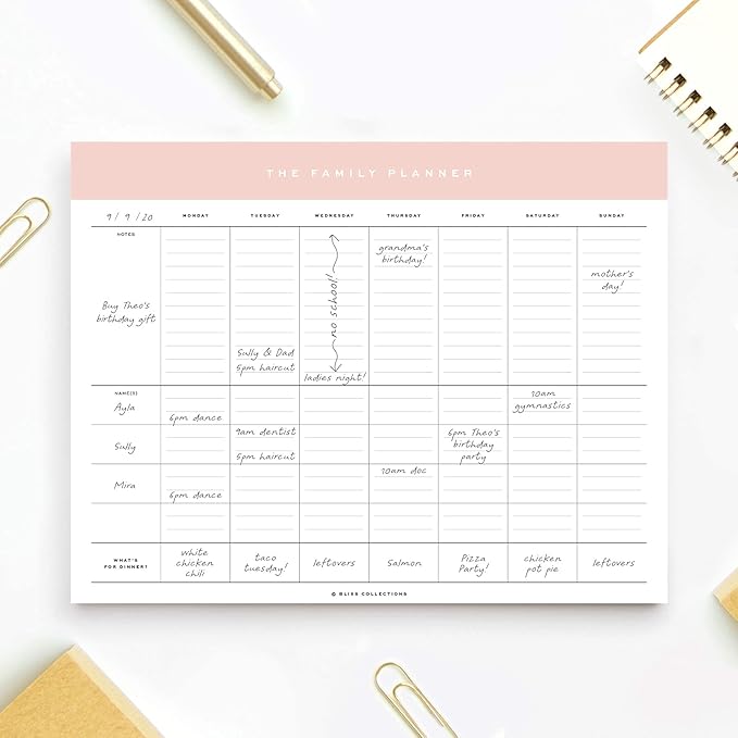 Bliss Collections Family Planner with 50 Undated 8.5 x 11 Tear-Off Sheets - Simple Pink Daily and Weekly Calendar for Planning and Organizing Family Activities, Appointments, Tasks, Chores and Meals
