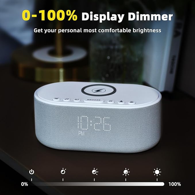 Sound Machine Alarm Clock Wireless Charger: Bluetooth 10W Stereo Sound Speaker Bedroom - White Noise Machine for Sleeping with 21 Soothing Sounds