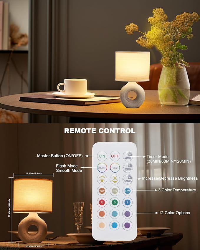UMEXUS 10’’ Small Cordless Table Lamp with Timer & Dimmer, Battery Operated Rechargeable Lamp with Remote, Portable Light for Bedroom Living Room Outdoor Patio Bedside Bathroom Fabric Shade Beige