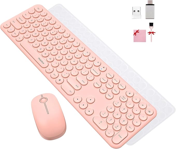Cute Wireless Keyboard and Mouse Combo Slim 2.4GHz USB Cordless Full Size Silent Retro Keyboard and Mouse Set for PC Computer,Laptop,Windows,Mac,Tablets（Upgraded Peach）