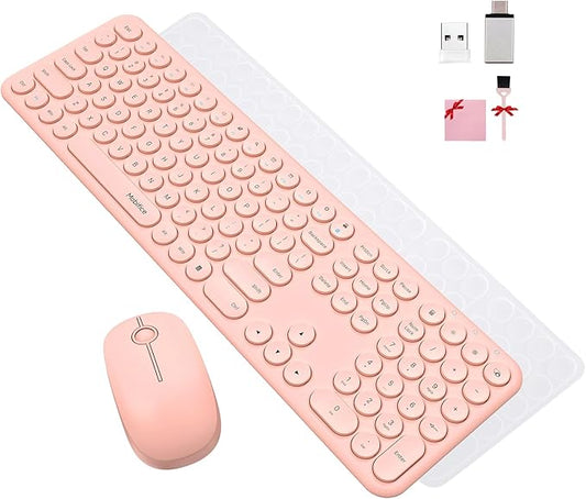 Cute Wireless Keyboard and Mouse Combo Slim 2.4GHz USB Cordless Full Size Silent Retro Keyboard and Mouse Set for PC Computer,Laptop,Windows,Mac,Tablets（Upgraded Peach）