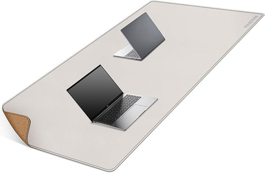 MAIDERN 63”x 31.5” Leather Desk Pad, Large Desk Mat, Cork & Leather Large Mouse pad for Desk, Waterproof Computer Desk Pad for Gaming Home Office (Cream)
