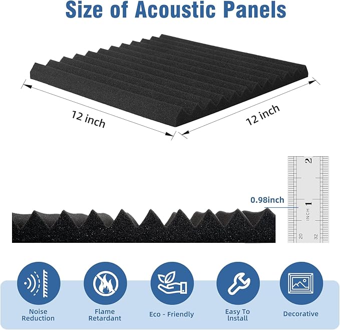100 Pack Acoustic Foam Panels, Premium Sound Proof Foam Panels Black, Soundproof Wall Panels,High Density Acoustic Panels,Sound Absorbing for Studio Office Home, 12 x 12x 1Inch