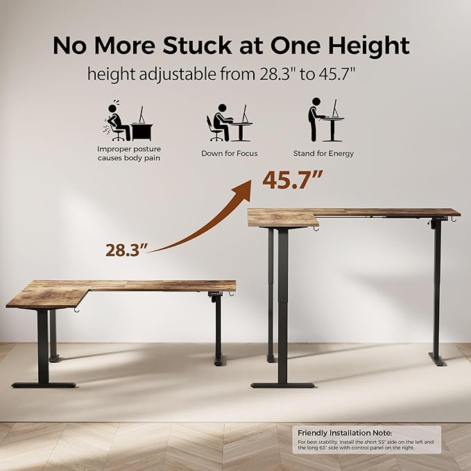 Agilestic 75 Inch L Shaped Standing Desk Adjustable Height, Corner Standing Desk, Sit Stand Up Computer Table, Splice Board, Rustic Brown