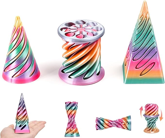 3D Printed Spiral Fidget Toys Impossible Pyramid Passthrough Sculpture Mini Cones Pass Through Pyramid Fidget Toy (Rainbow)