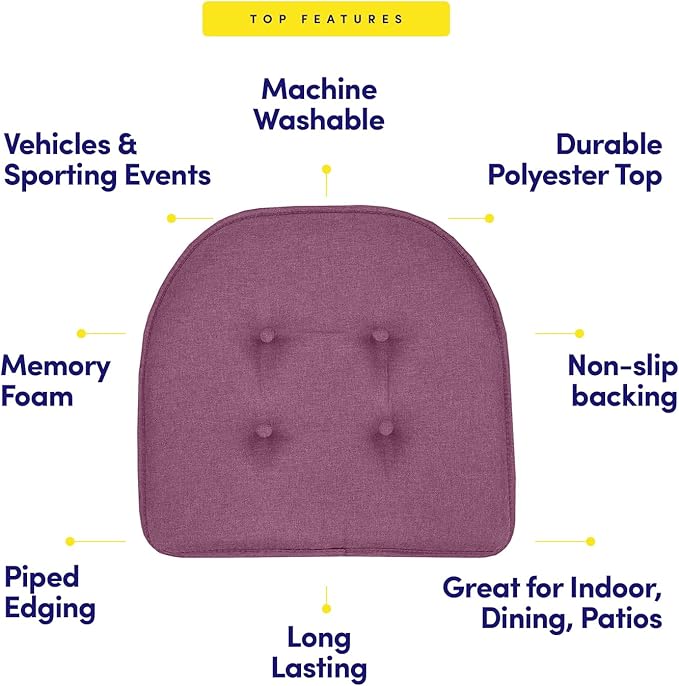 Sweet Home Collection Chair Cushion Memory Foam Pads Tufted Slip Non Skid Rubber Back U-Shaped 17" x 16" Seat Cover, 12 Count (Pack of 1), Purple