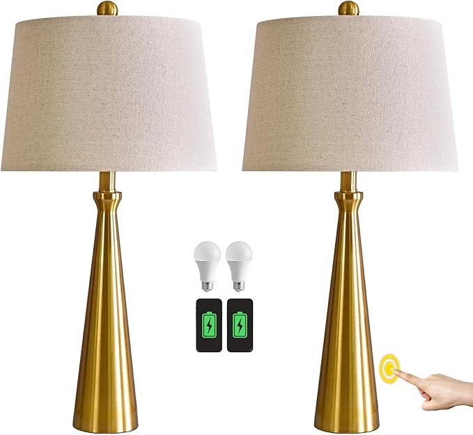 Oneach 25.75" 3-Way Dimmable Touch Control Modern USB Table Lamp Set of 2 for Living Room Bed Room Bedside Nightstand Lamps Fabric Shade Vintage Accent Light Gold Antique Brass