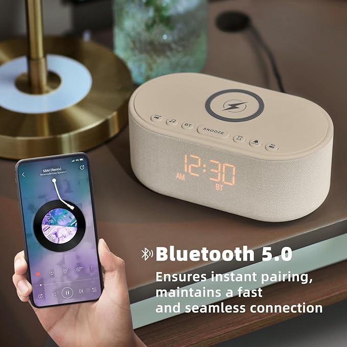 Sound Machine Alarm Clock for Bedrooms: Bluetooth 10W Stereo Sound Speaker with Wireless Charging - White Noise Machine for Sleeping with 21 Soothing Sounds - Putty
