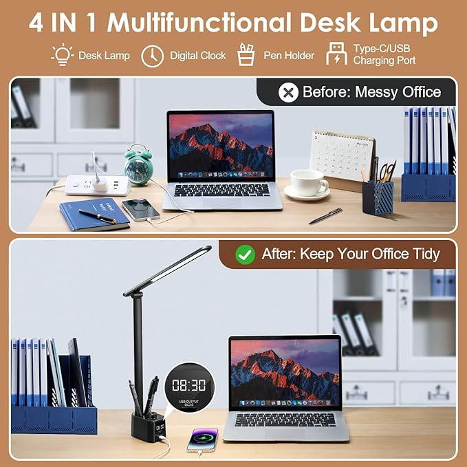 LED Desk Lamp,5 Colors+11 Brightness LED Desk Lamp with USB Charging Port+Clock+Pen Holder,700 Lumen Desk Light Classroom Desk Lamps for Home Office, Bed,Reading,Nail,Craft