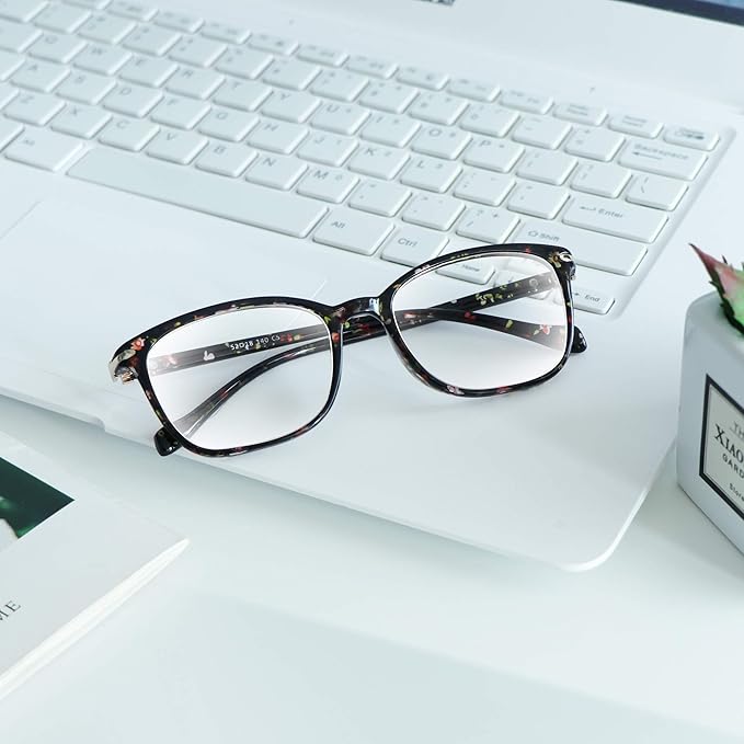 VisionGlobal Blue Light Blocking Glasses for Women, Anti Eyestrain, Computer Reading, TV Glasses, Stylish Square Frame, Anti Glare(Floral,+5.00 Magnification)