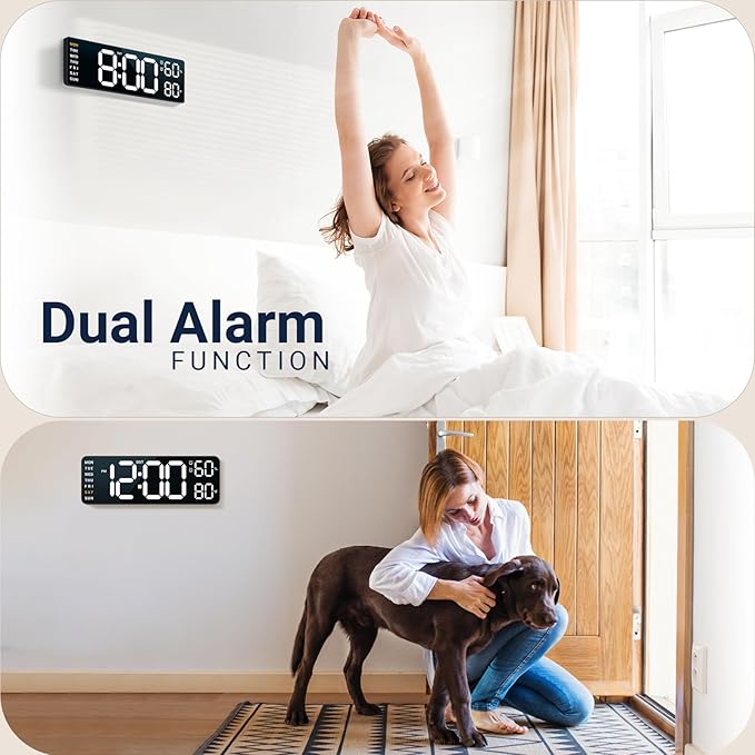 10" Digital Wall Clock: Dual Alarm Wall Mount Decor Clock for Living Room Classroom Office Desk, House Warming Gifts New Home Decor, Gift for Mom Dad Seniors Teen White