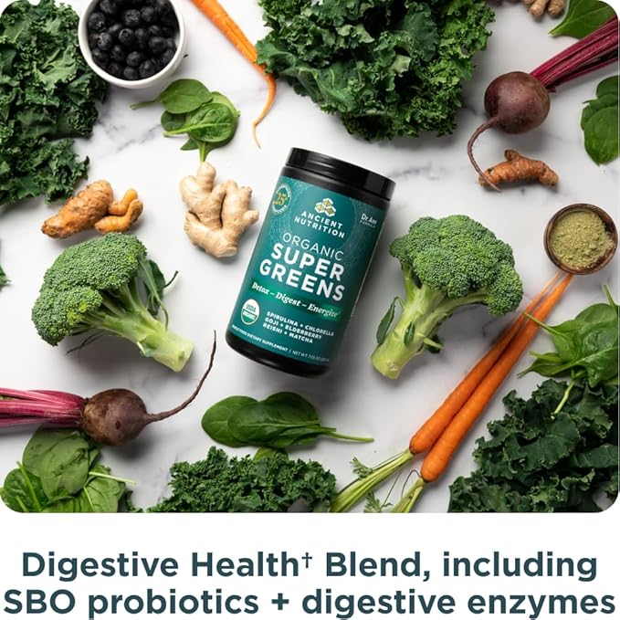 Ancient Nutrition Super Greens Powder, Organic Superfood Powder with Probiotics Made with Spirulina, Chlorella, Matcha, and Digestive Enzymes, 25 Servings, 7.05oz