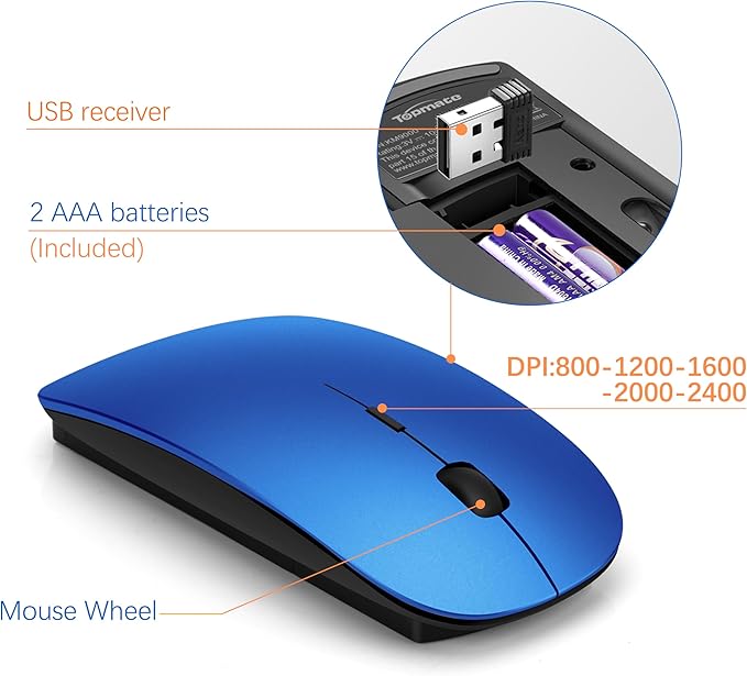 TopMate Wireless Keyboard and Mouse Ultra Slim Combo, 2.4G Silent Compact USB Mouse and Scissor Switch Keyboard Set with Cover, 2 AA and 2 AAA Batteries, for PC/Laptop/Windows/Mac - Blue Black