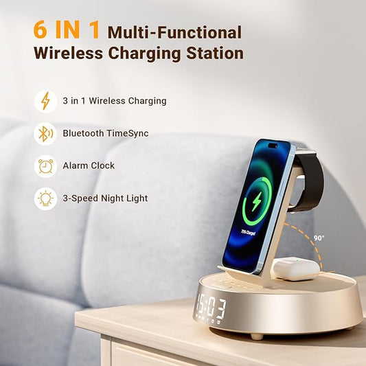 7 in 1 Wireless Charging Station, Alarm Clock for Bedroom with Dimmable Night Light Bluetooth Speaker, Dock Station for iPhone 16 15 14 13 12 11 Pro Max, Apple Watch