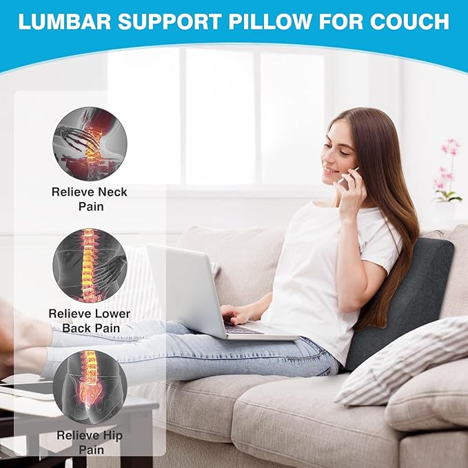 TANYOO Back Support Pillow for Recliner Dual Layer Lumbar Support Pillow with Gel Memory Foam Ergonomic Orthopedic Lumbar Cushions for Elderly Lower Back Pain Relief Washable Cover Dark Grey