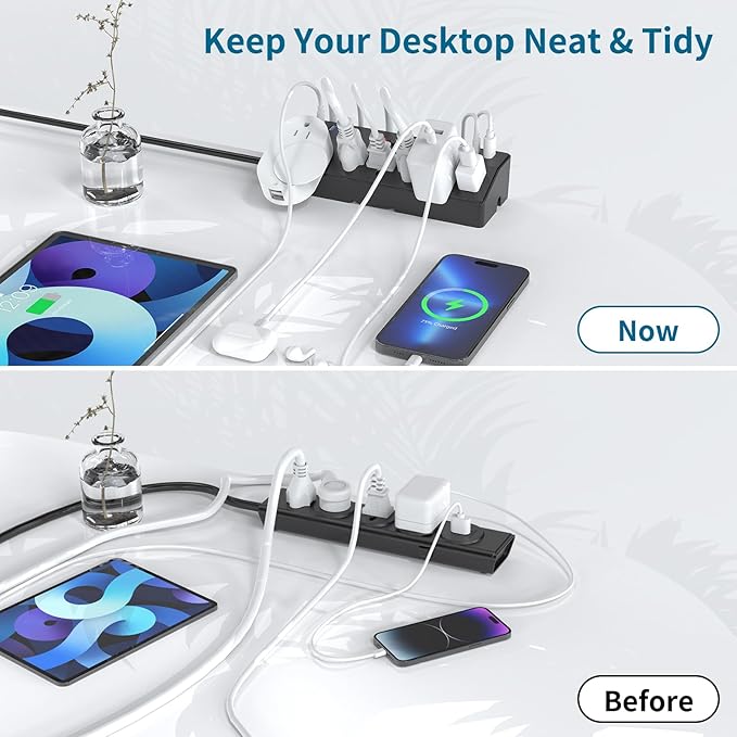 Desk Clamp Power Strip with 40W Fast Charging Station, JXGUCAT 10ft Flat Plug Power Strip Surge Protector, 2 USB-C Ports, 6 AC Outlets, Fit 2.48" Tabletop Edge, Home Office Desk Accessories Essentials