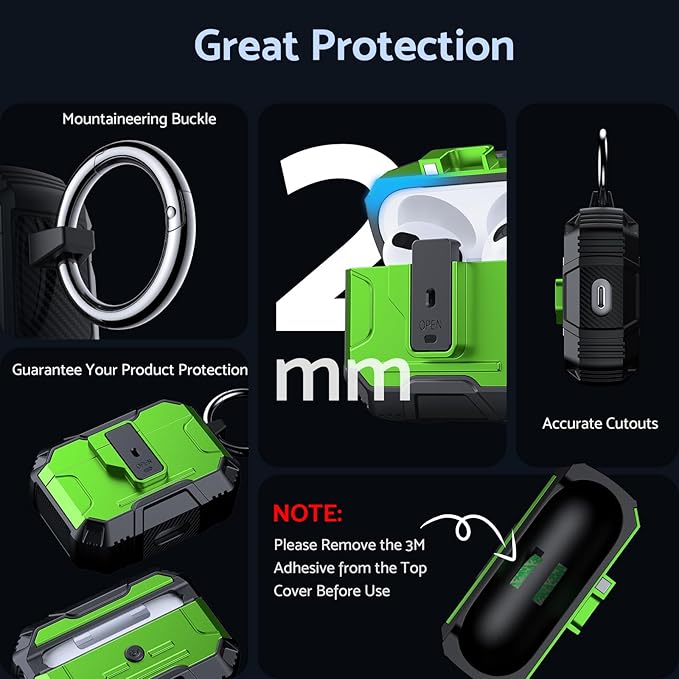 DASFOND Armor Cover Airpods 3 Generation Case, Military Grade Full Body Shockproof Protection Hard Case, Support Wireless Charging with Keychain, Magnetic Lid, Front LED Visible, Grass Green