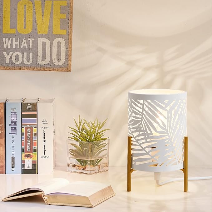 OuXean Decorative Table Lamp, Golden Tripod Stand with White Metal Hollowed Lampshade, Night Light for Bedside, E12 40W, No Bulb