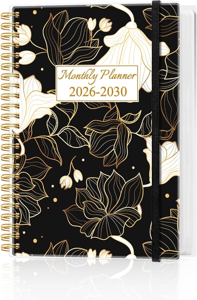 2025-2030 Monthly Planner - 64 Month PLanner Calendar from September 2025 to December 2030, Flexible Cover, Inner Pocket, 5.8" x 8.5", Perfect for Home | School | Office, White Gold Flower