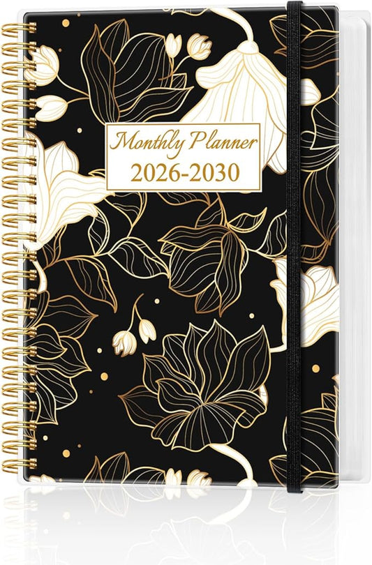 2025-2030 Monthly Planner - 64 Month PLanner Calendar from September 2025 to December 2030, Flexible Cover, Inner Pocket, 5.8" x 8.5", Perfect for Home | School | Office, White Gold Flower