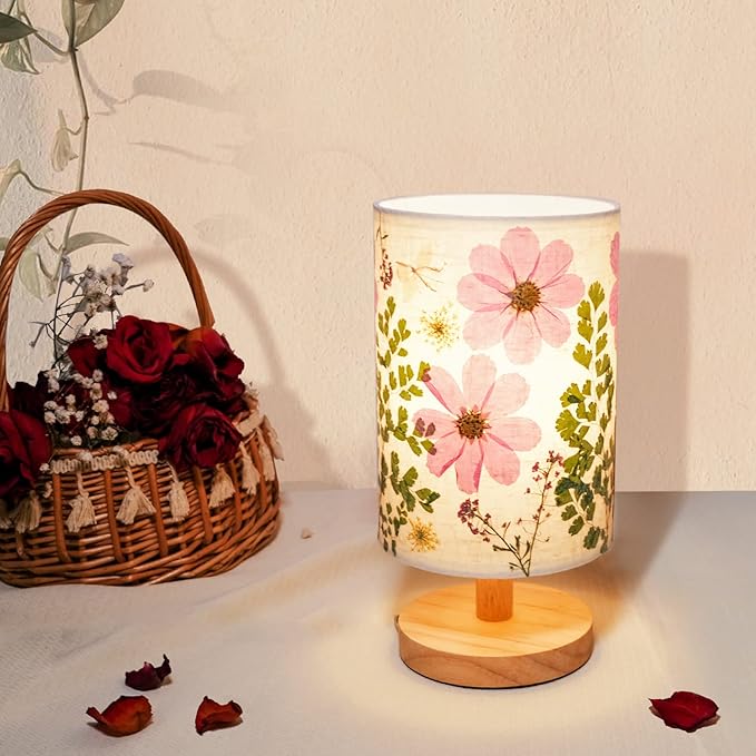 Dried Flowers Table Lamp 5W LED 3-Color Pressed Flower Bedside Lamp Linen Shade with Wood Base for Bedroom Living Room Desk Office