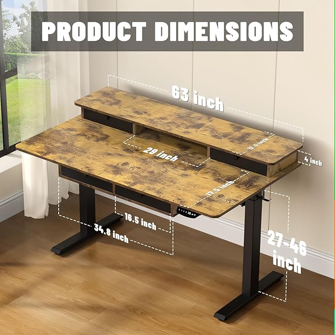 Electric Standing Desk, 63 * 30 Inches Adjustable Height with 4 Drawers, Double Storage Shelves Stand Up Desk, Home Office Workstation Sit Stand up Desk (Rustic Brown)