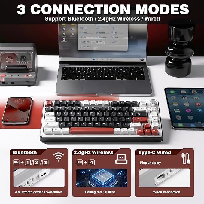 YUNZII B75 PRO Wireless Mechanical Keyboard,75% Layout with Knob,Hot Swap Gasket Custom Structure,Creamy Pre-lubed Switches,RGB Backlit,Bluetooth/Type-C/2.4G for Win/Mac(Cocoa Cream V2 Switch,Black)