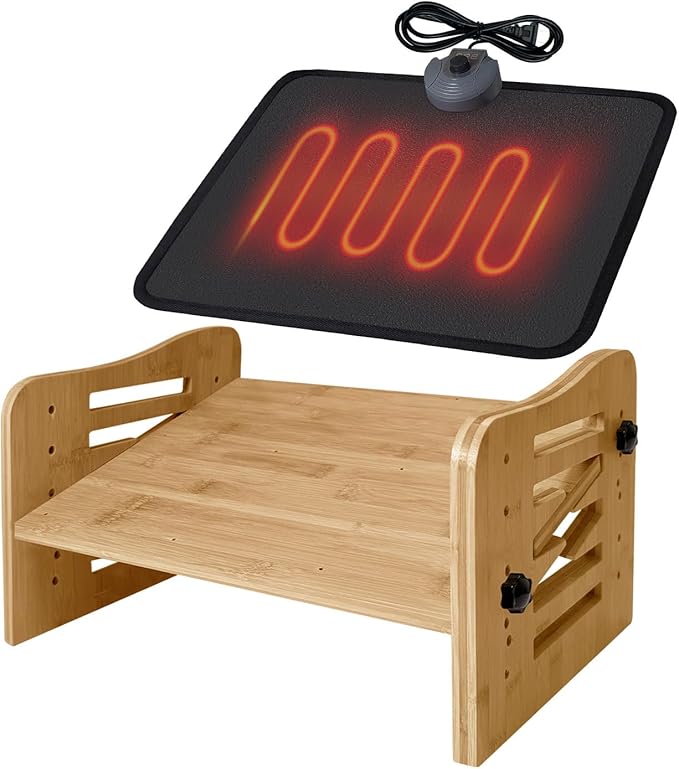 Myplace Bamboo Adjustable Under Desk Footrest with Heating Pad - Warm Ergonomic Foot Rest with 7-Level Adjust, Slanted Foot Rest Stool for Home Office Kitchen Bedroom (Burlywood)