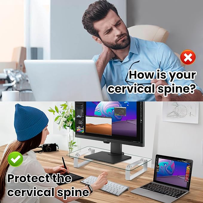 Glass Monitor Stand for Desk, 22Lx8Wx3.5H Inches, Clear Computer Monitor Riser, Large Monitor Stand for Laptop, Desk Organization, Office Supplies