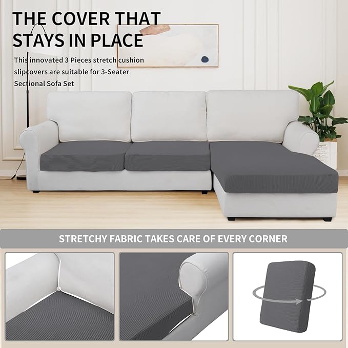 Easy-Going Stretch 3 Pieces Couch Cushion Covers for Sectional Sofa Left/Right L Shape Chaise Lounge Sofa Seat slipcover Anti-Slip Sofa Cover Soft (2 Seater + 1 Chaise, Grey)