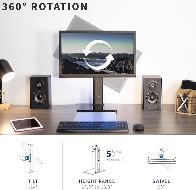 VIVO Single Rotating 13 to 38 inch Ultrawide Monitor and TV Table Top Desk Stand with Glass Base, Swivel, Height Adjustment, Screen Mount with Max VESA 100x100, STAND-V101J