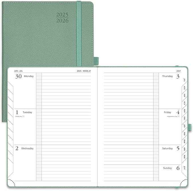 POPRUN Planner 2025-2026 (Medium 6.75''x 8.75''), Horizontal Weekly Notebook Jul.2025 - Jun.2026, Academic Appointment Book with Monthly Tabs, Leather Hardcover, Inner Pocket, 100 GSM - Midnight Green
